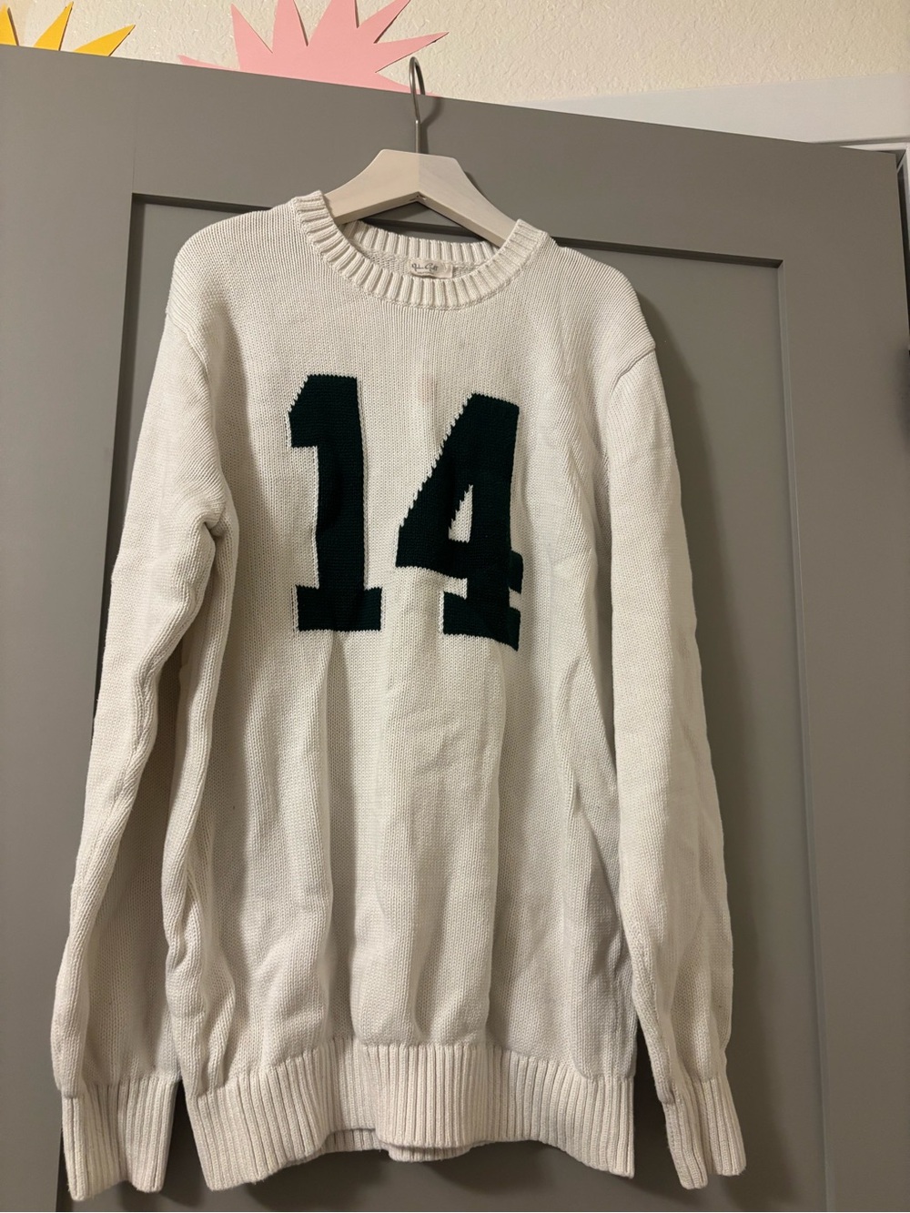 Brandy Melville White Crewneck Sweater with Dark Green '14'